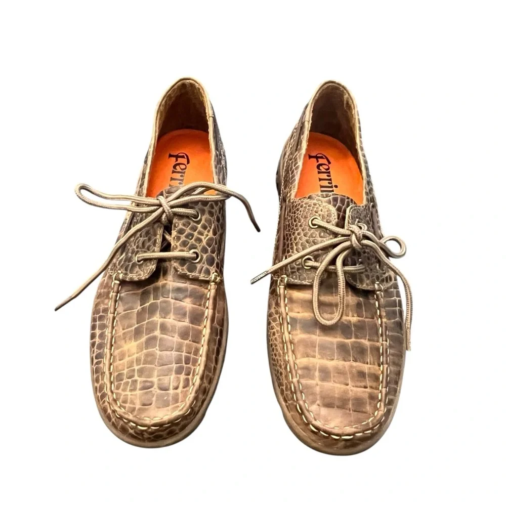 Ferrini Italia Crocodile Print‎ Leather Comfort Loafers Womens Brown Flats 8.5 D